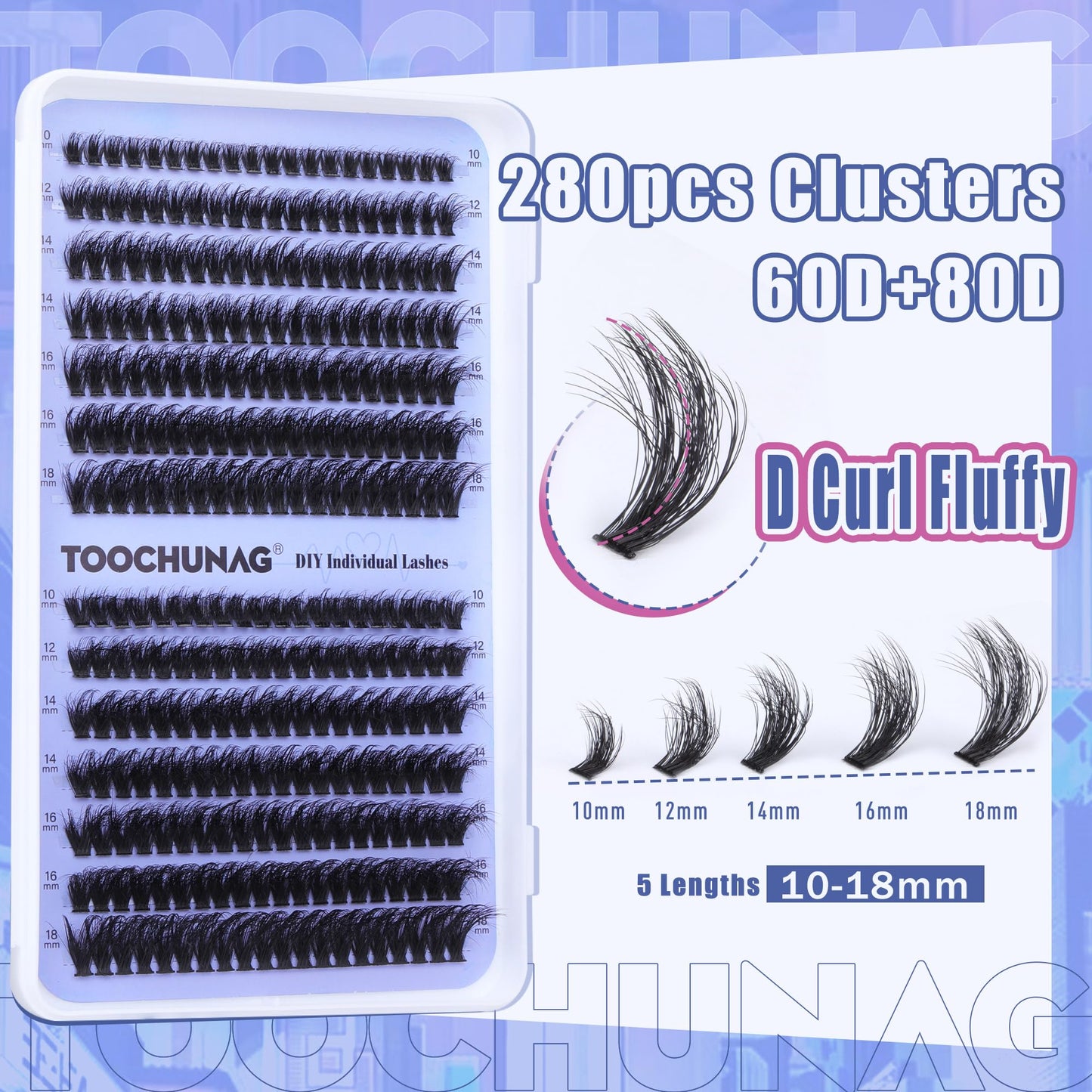 Fluffy Lash Clusters 60D+80D Thick Eyelash Clusters D Curl Wispy Individual Lashes 10-18mm Cluster Eyelash Extensions 280pcs False Mink Eyelashes DIY Flat Lash Extension by TOOCHUNAG