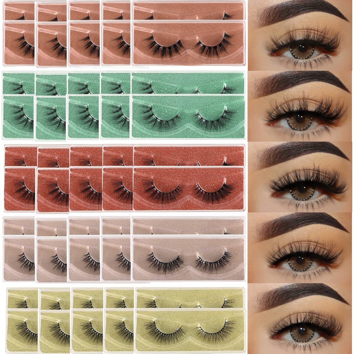 APCYUST Lashes Bulk 50 Pair Wholesale Short Lash Natural Look Fluffy Mink Eyelashes 5D Faux Mink False Lash Cat Eye Fake Eyelash Soft Wispy Strip Eye Lashes with Individual Portable Lash Pack