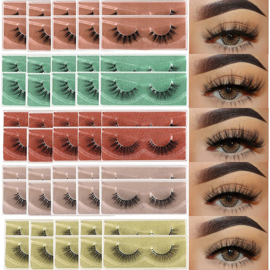 APCYUST Lashes Bulk 50 Pair Wholesale Short Lash Natural Look Fluffy Mink Eyelashes 5D Faux Mink False Lash Cat Eye Fake Eyelash Soft Wispy Strip Eye Lashes with Individual Portable Lash Pack