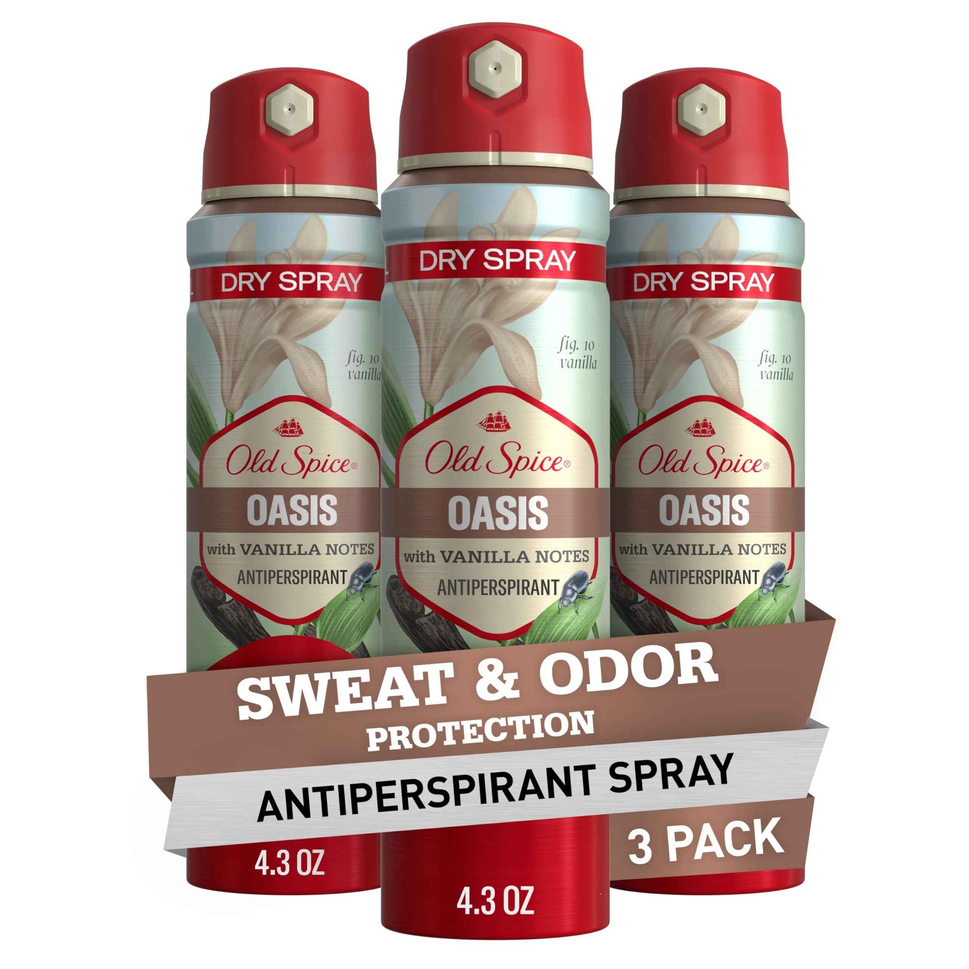 Old Spice Dry Spray Antiperspirant Deodorant for Men, 24/7 Freshness, 24/7 Sweat & Odor Protection, Gentle on Skin with Skin Conditioners, Oasis with Vanilla + Argan Oil, 4.3 oz (Pack of 3)