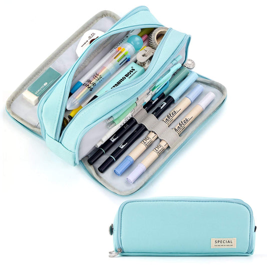 CICIMELON Pencil Case Large Capacity Pencil Pouch 3 Compartments Pencil Bag Gift for Students Girls Adults Women (Light Blue)