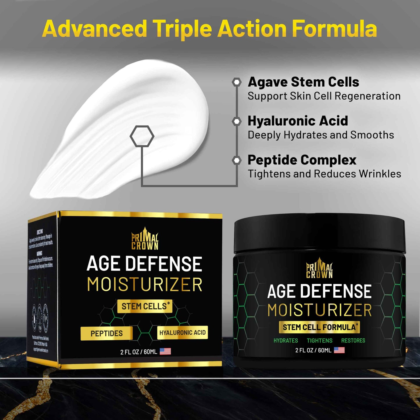 Men's Anti-Aging Moisturizer with Stem Cells - Anti-Wrinkle Skin Cream for Face - Plus Hyaluronic Acid and Peptides - Firming and Tightening Age Defense Cream, Made in USA - Day & Night - 2 oz