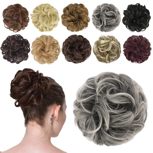 FESHFEN Messy Hair Bun Hair Pieces Elastic Wavy Curly Hair Bun Scrunchies Extensions Synthetic Chignon Hairpieces for Women Girls, Gray and White Tips 1 PCS