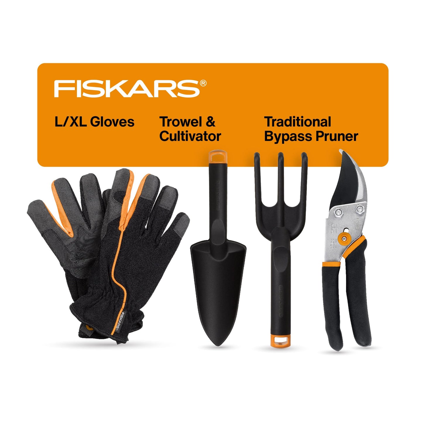 Fiskars House Plant Starter Tool Set with Set with Bypass Pruner, Trowel, Cultivator, and L/XL Garden Gloves for Indoor Gardening (4 Piece Kit)