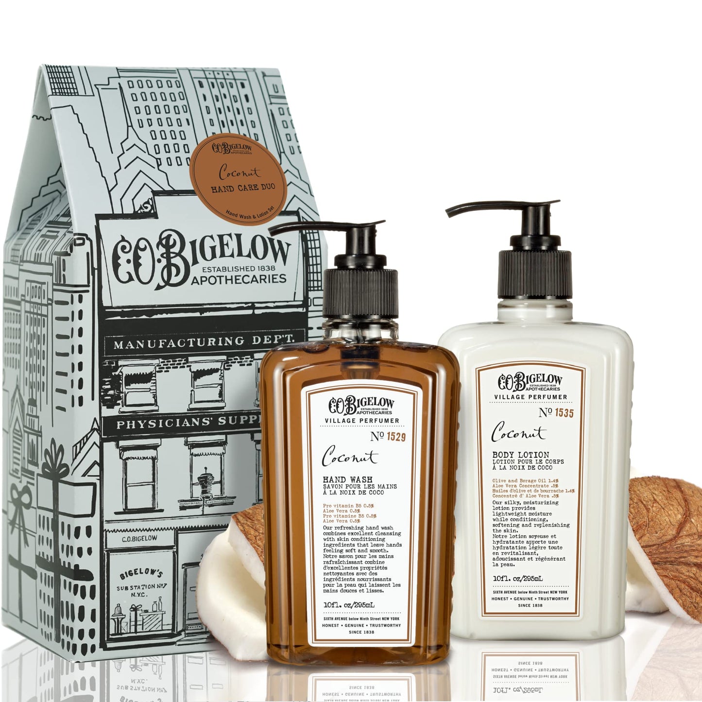 C.O. Bigelow Apothecary Duo - Coconut Hand Care, Hand Soap & Lotion Gift Set of Two - Skin Care for Dry Skin with Moisturizing Lotion & Liquid Hand Wash - 10fl oz Each