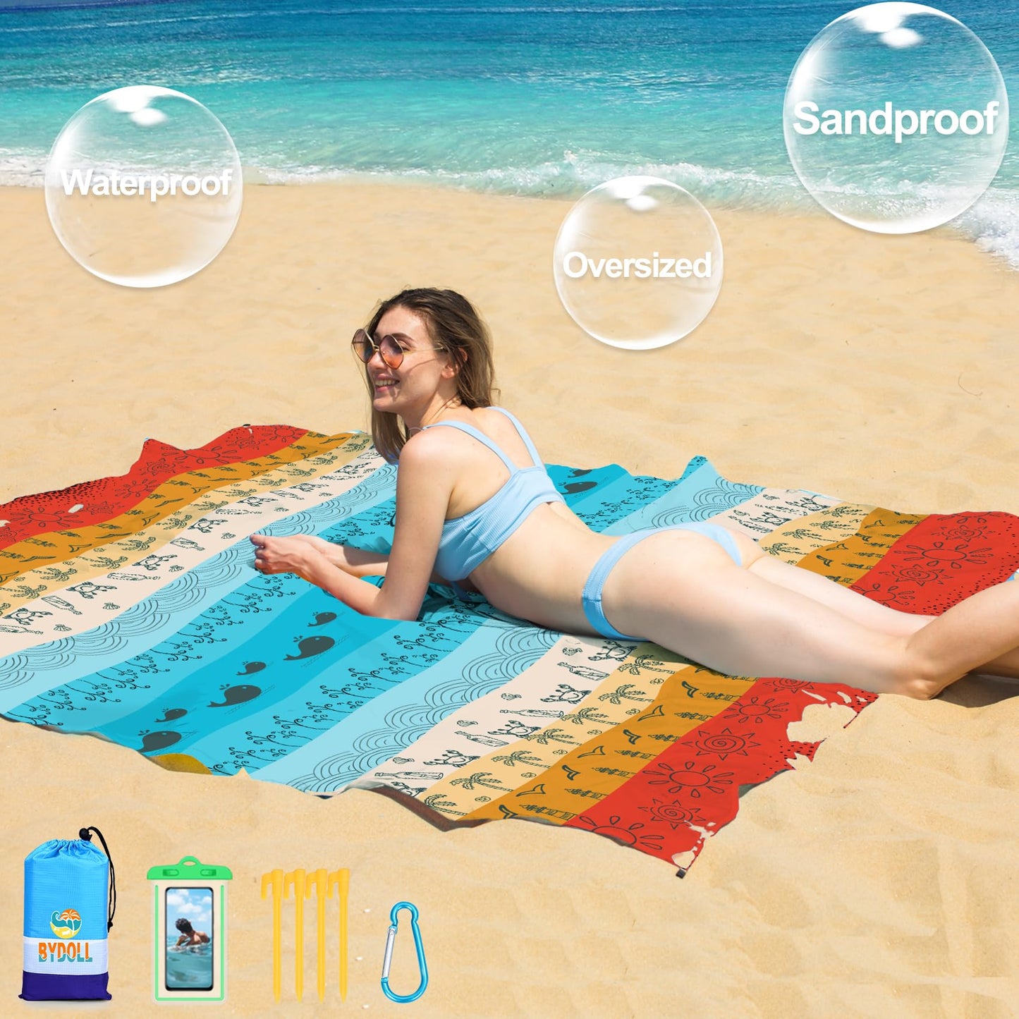 BYDOLL Beach Blanket 78''×81'' 1-5 Adults Oversized Lightweight Waterproof Sandproof Beach Blanket Large Picnic Mat Beach Blanket for Beach Travel Camping Hiking Picnic