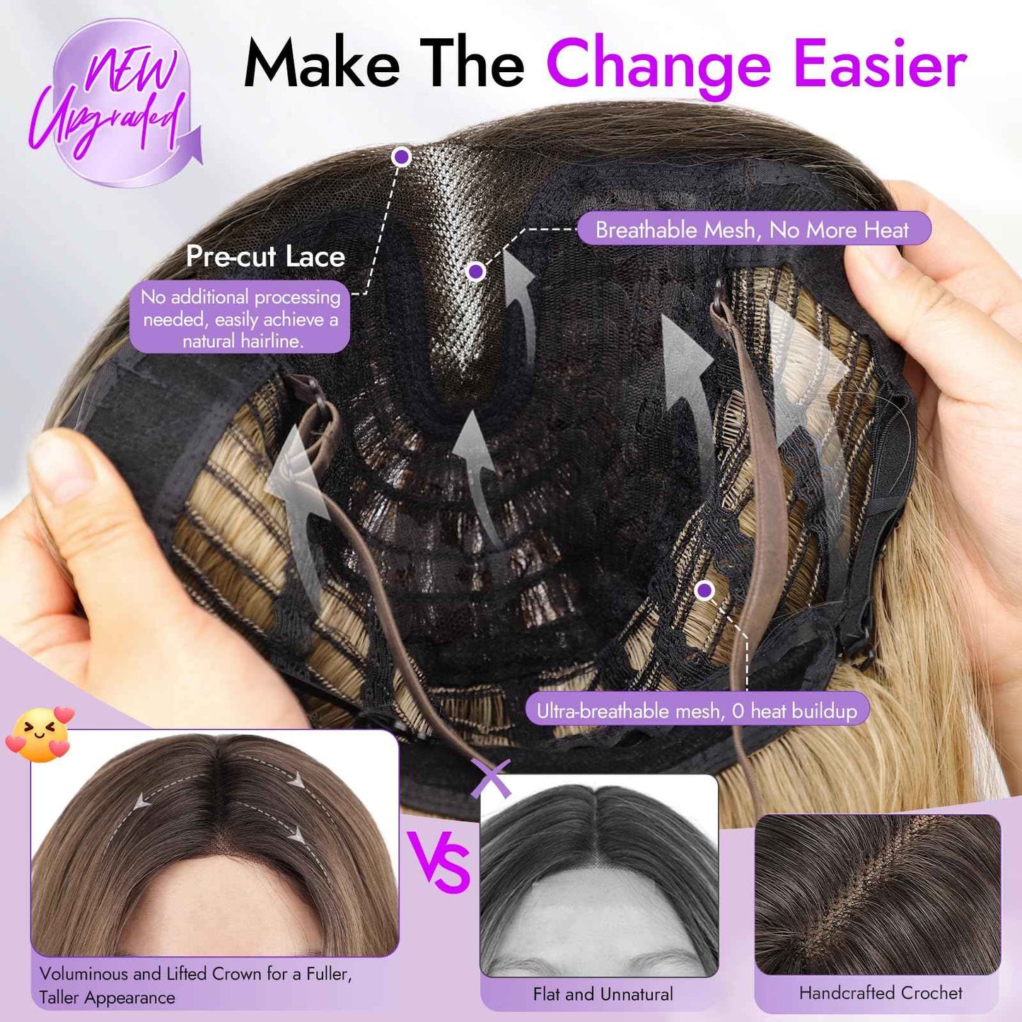 Eawwii Ombre Blonde Long Wavy Wig for Women, Pre-Cut HD Lace Natural Hairline, Glueless Middle Part, Synthetic Fiber for Daily and Party Use 26Inch