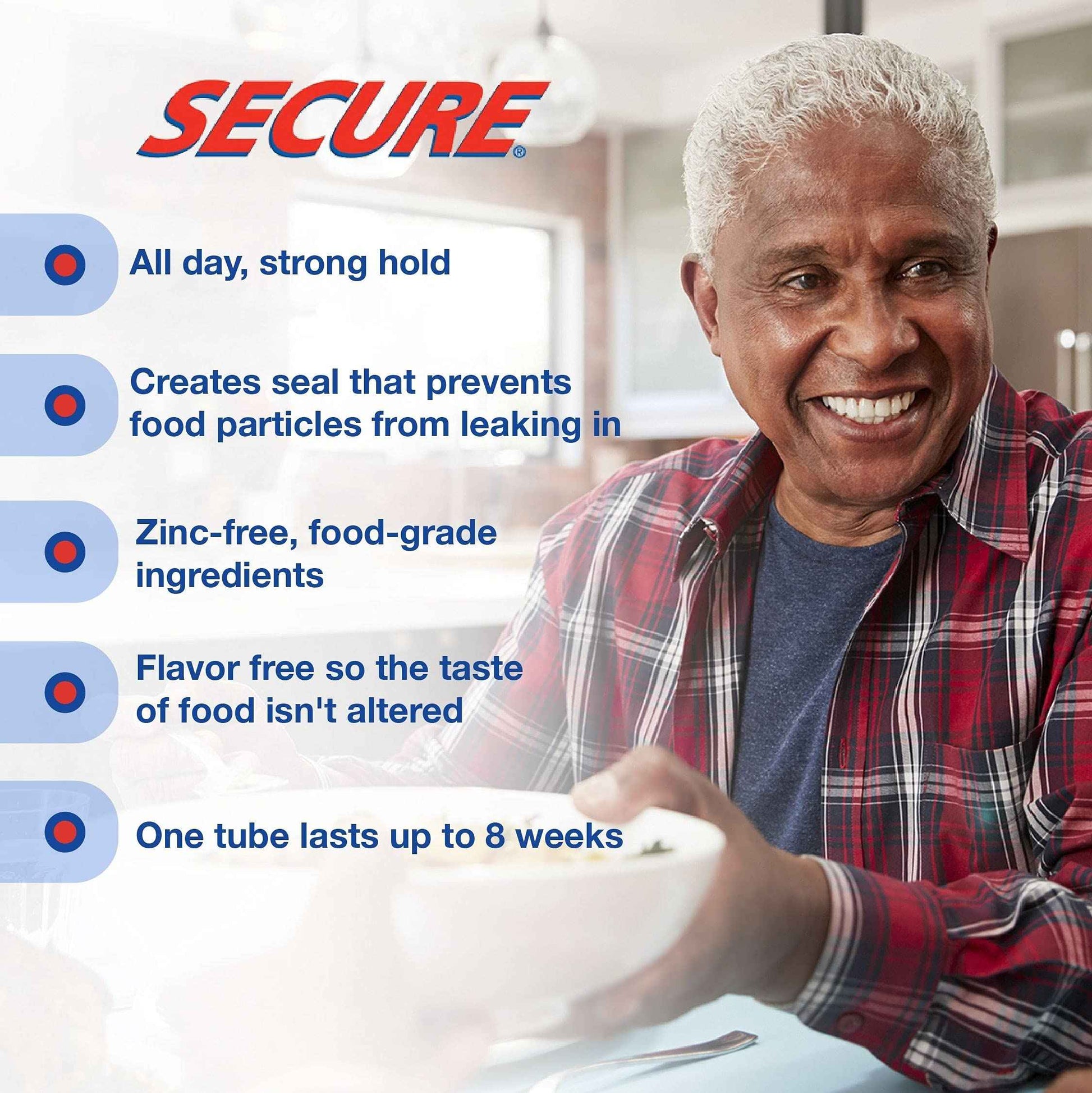 Secure Waterproof Denture Adhesive - Zinc Free - Extra Strong Hold For Upper, Lower or Partials - 1.4 oz (Pack of 2)