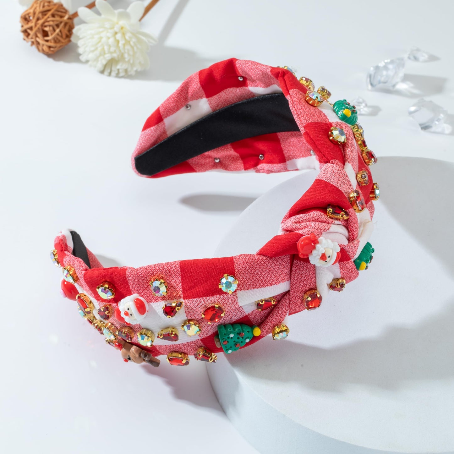 Mixcbe Christmas Jeweled Headband for Women Red Crystal Xmas Tree Reindeer Bulb Santa Embellished Knotted Hairband Xmas Twist Wide Red Hair Band Accessories (stripe-Xmas red)