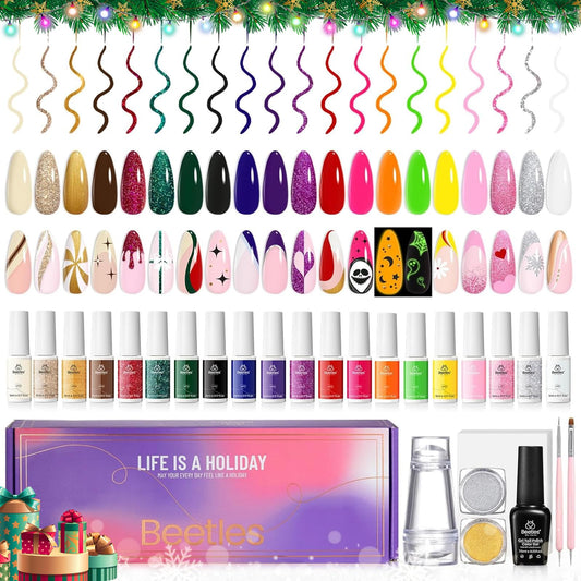 beetles Nail Art Liner Gel Polish Holiday Set, 21 Colors Classic Reflective Glitter Manicure Design Golden Silver Pink Green Decoration Gel Chrome Powder Nail Stamper Brush Pen Gifts for Women