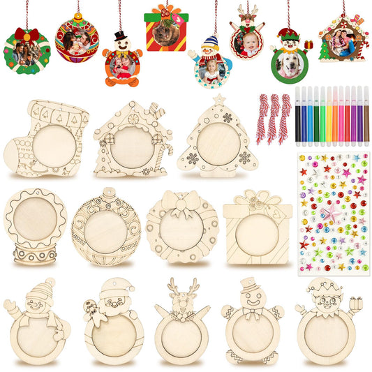 AerWo 24PCS Unfinished Wood Christmas Picture Frame, 12 Styles DIY Christmas Photo Frame Tree Wooden Ornaments to Paint with Colored Marker Sticker & Ropes, Funny Christmas Craft Kits for Kids Adults