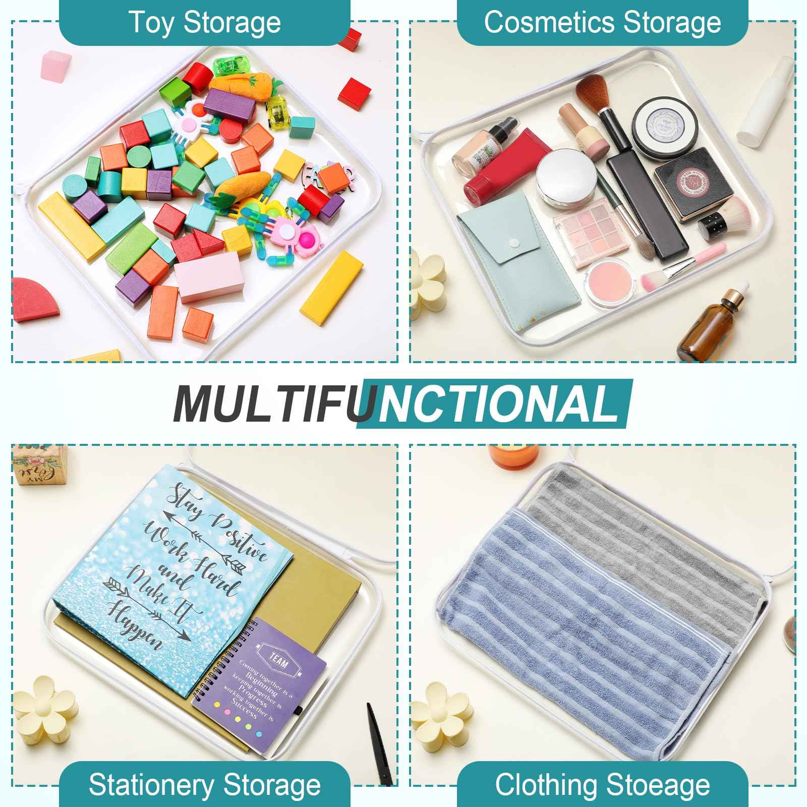 Hoolerry 4 Pcs Hard Clear Zipper Case Makeup Bags Plastic Pencil Pouch Transparent Storage Box Containers for Cosmetics, Snacks, Building Blocks, Puzzles(White,13.8 x 11.8 x 2 in)