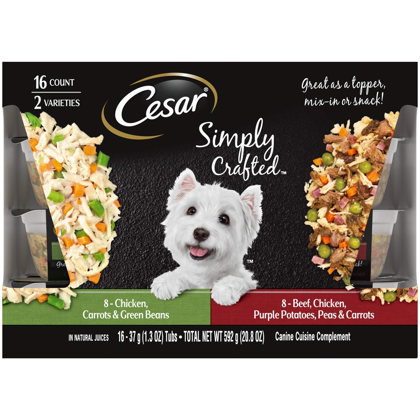 CESAR Simply Crafted Adult Wet Dog Food Meal Topper, Chicken, Carrots & Green Beans and Beef, Chicken, Purple Potatoes, Peas & Carrots Variety Pack, 1.3 oz., Pack of 16