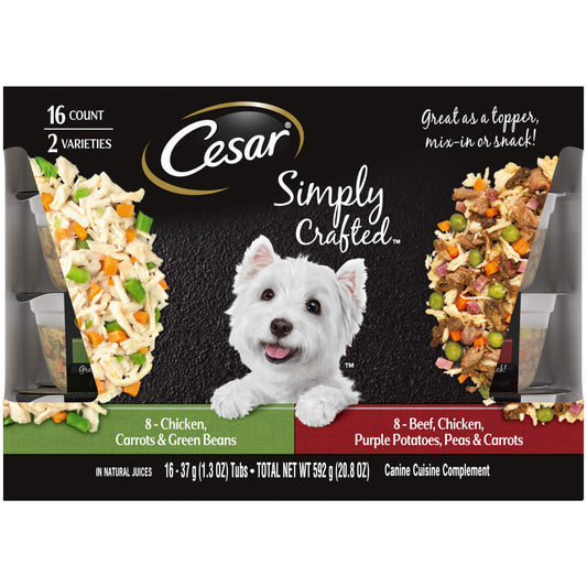 CESAR Simply Crafted Adult Wet Dog Food Meal Topper, Chicken, Carrots & Green Beans and Beef, Chicken, Purple Potatoes, Peas & Carrots Variety Pack, 1.3 oz., Pack of 16