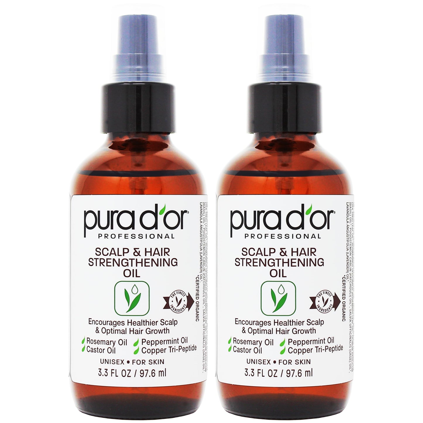 PURA D'OR Scalp & Hair Strengthening Oil (3.3oz x2 = 6.6oz) Supports Optimal Growth, Reduce Breakage, Nourish Roots for Healthier, Fuller, Thicker Hair - Rosemary, Castor & Peppermint Oil