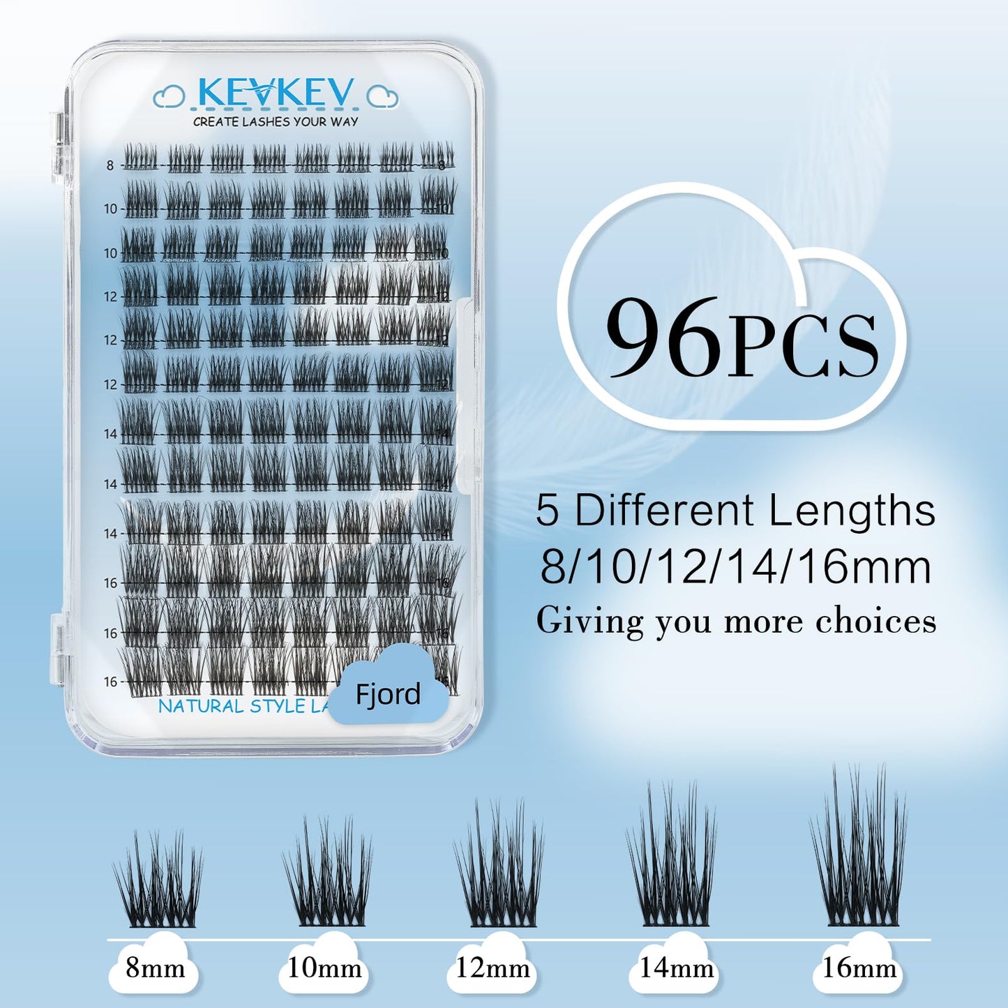 KevKev Lash Clusters 96 Pcs Eyelash Clusters Nature Lashes DIY Lash Extensions (Fjord,D-8-16mix)