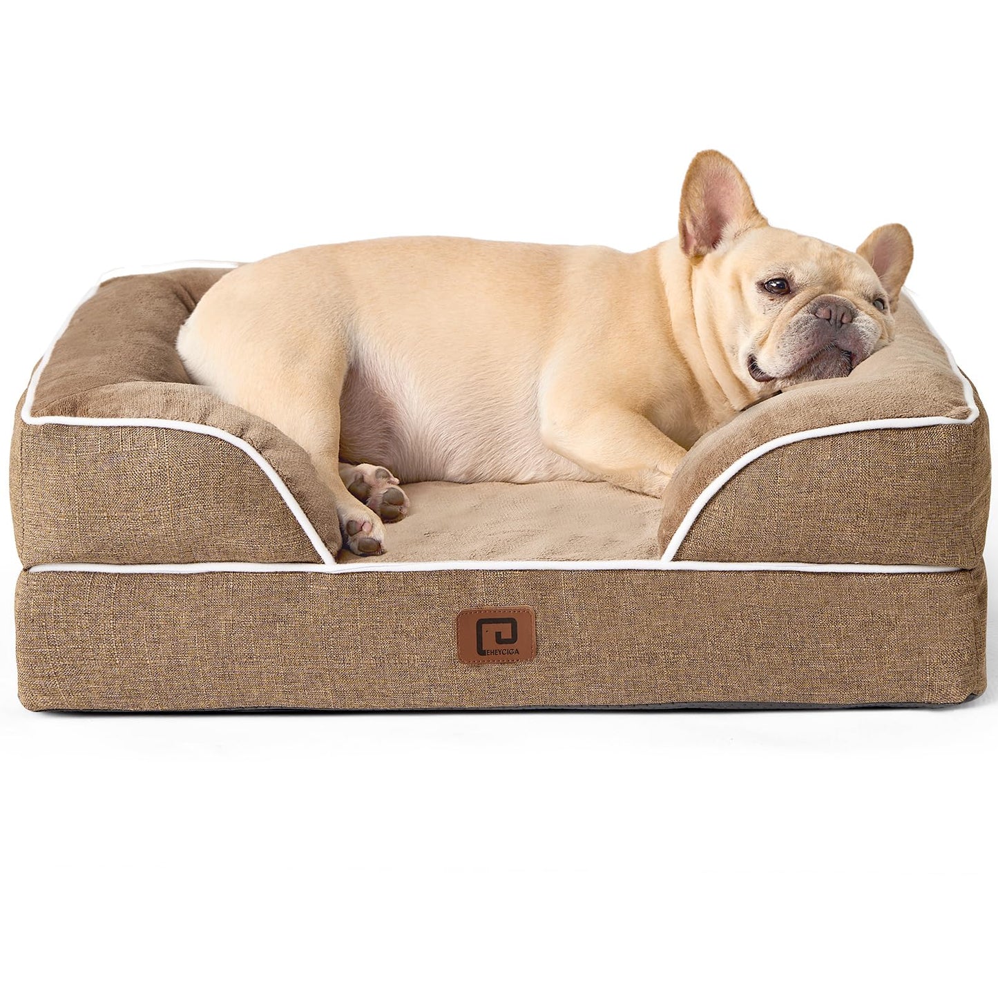 EHEYCIGA Orthopedic Dog Bed for Small Dogs, Waterproof Memory Foam Small Dog Beds with Sides, Non-Slip Bottom and Egg-Crate Foam Medium Dog Couch Bed with Washable Removable Cover, Camel