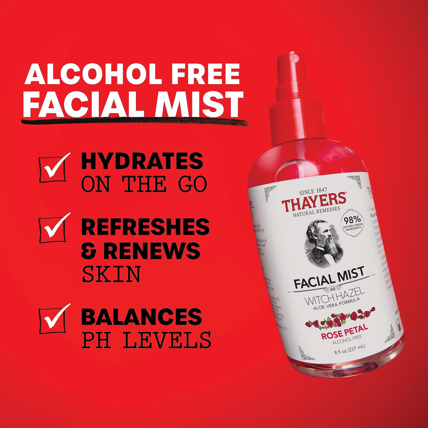 Thayers Alcohol-Free Witch Hazel Facial Mist Toner with Aloe Vera, Rose Petal, Soothing and Hydrating, For All Skin Types, 8 oz