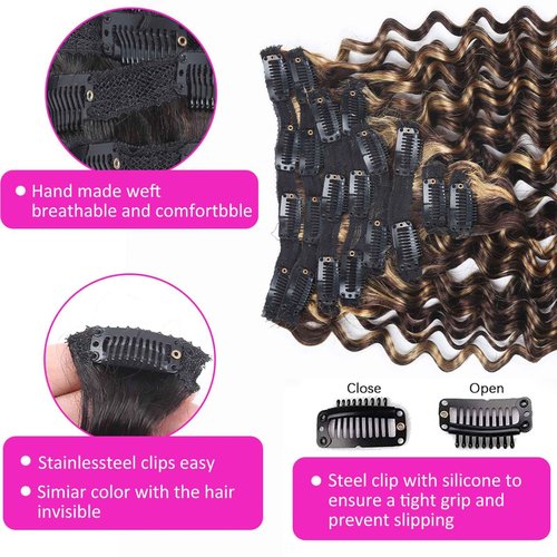 Curly Clip in Hair Extensions Real Human Hair 14inch 100g Invisible & Seamless 100% Brazilian Remy Human Extension Deep Wave Clip ins Extensions Double Weft 8 PCS with 20 Clips Highlight P427