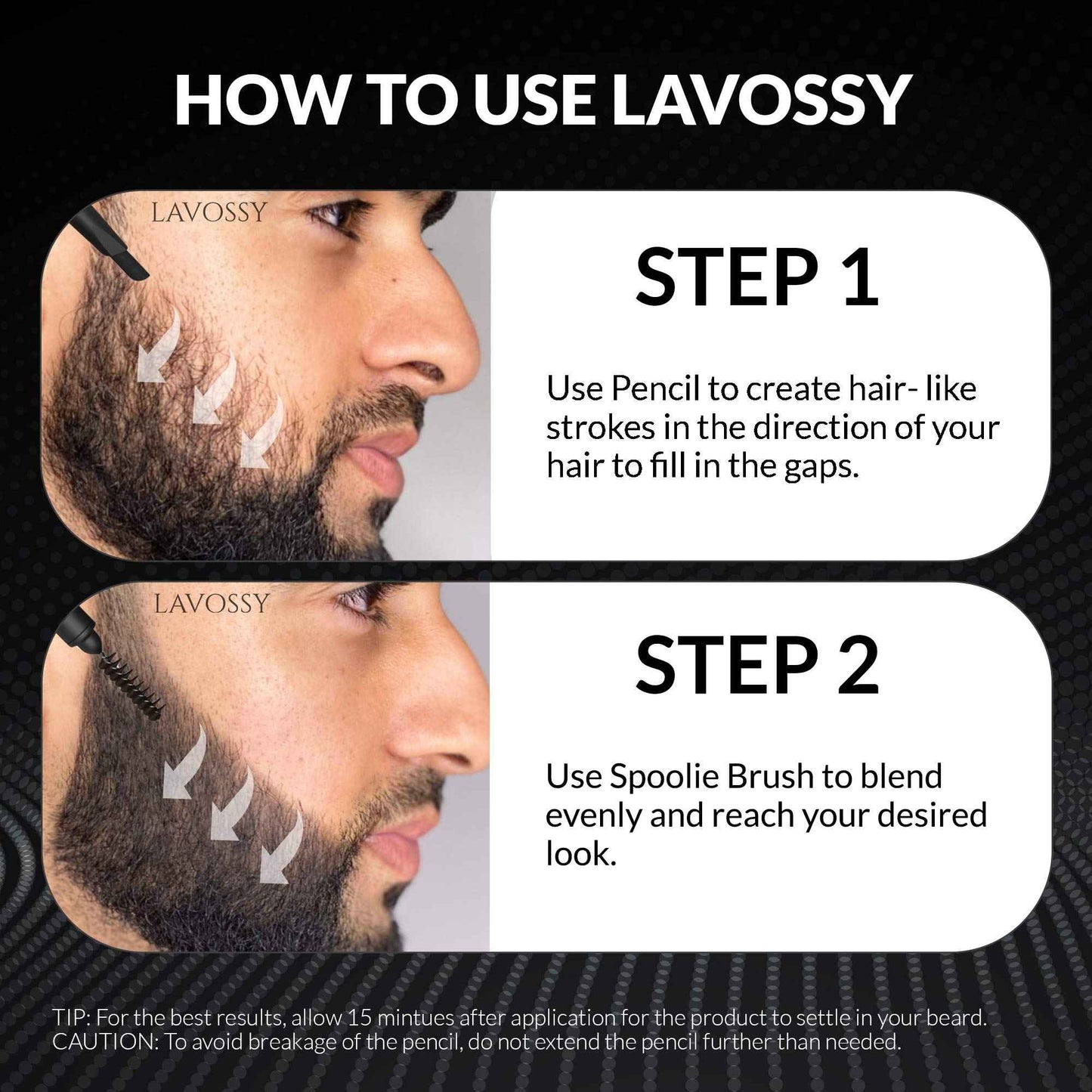 LAVOSSY Beard Pencil Filler for Men - Black, Pack of 3 - Long Lasting and Easy to Use with Blending Brush, Water/Sweat Proof, Fills Patchy Beard, Moneyback Promise