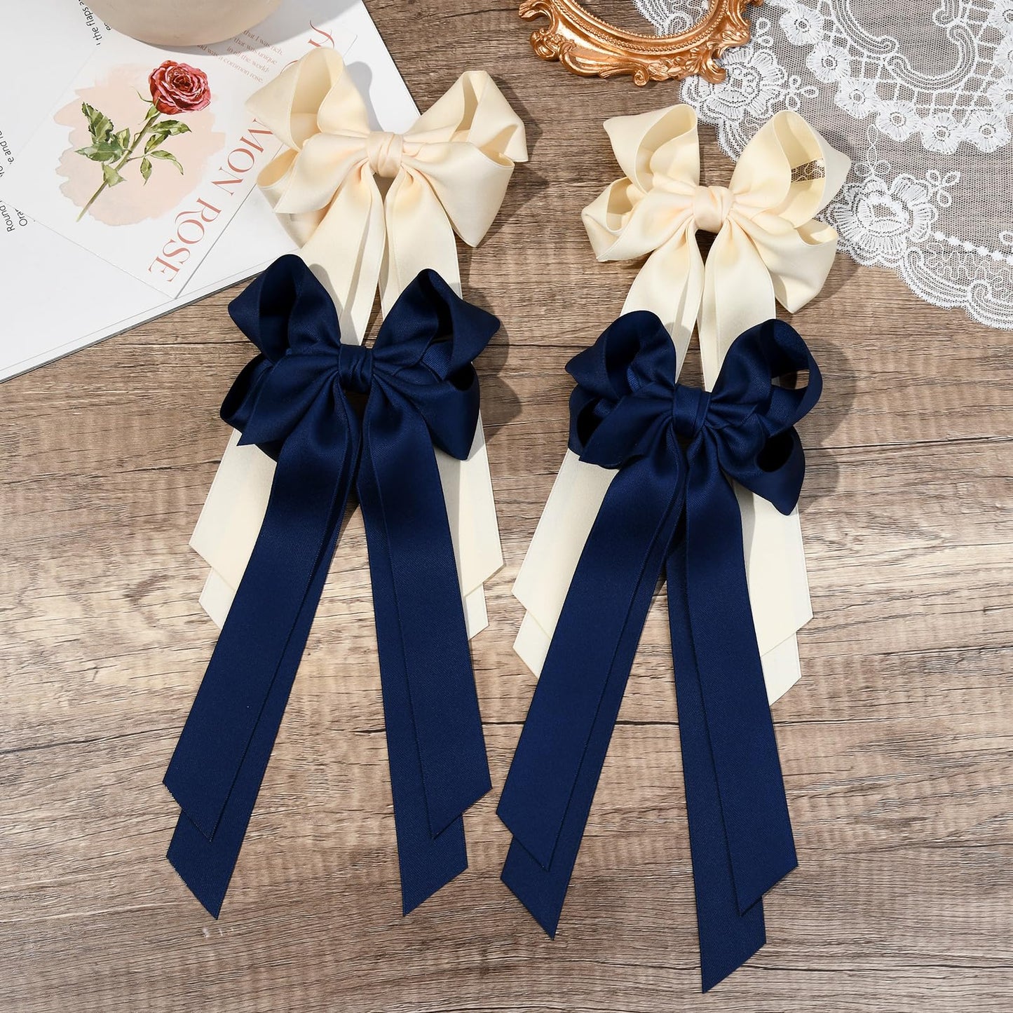 Aileam 4PCS Hair Bow Clips for Women Hair Accessories Beige Blue Silky Satin Ribbon with Metal Clips for Girls Toddlers Teens Kids