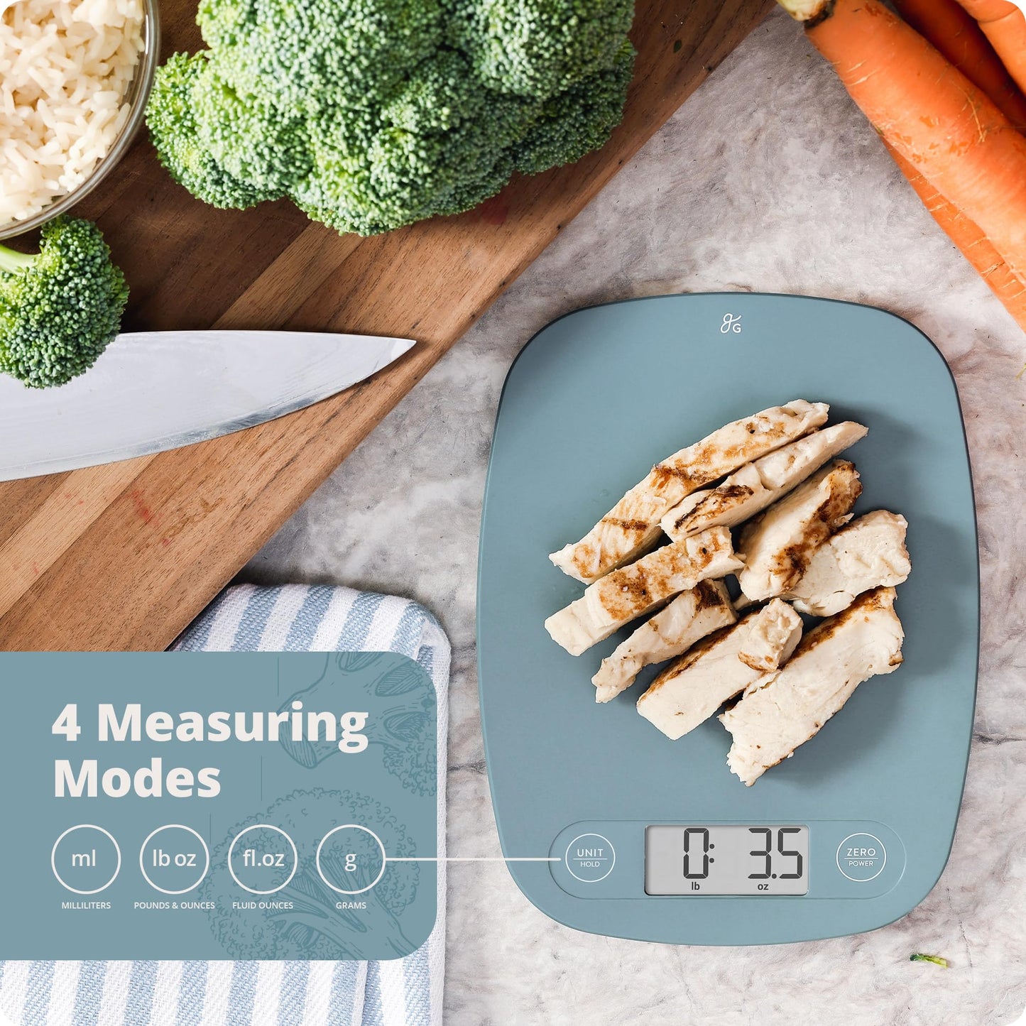 Greater Goods Digital Kitchen Scale - Cooking, Baking, Meal and Food Prep Scale, Weighs in Grams, Pounds and Ounces, Stone Blue