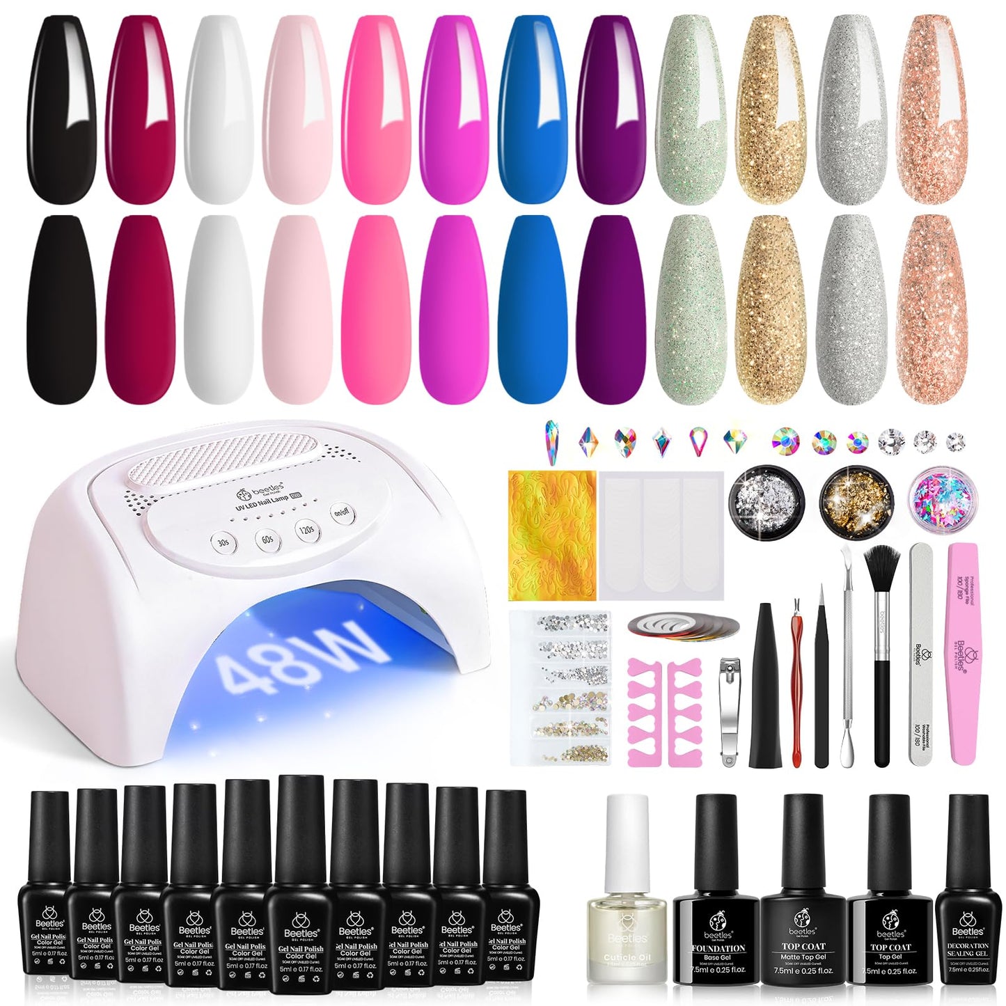 Beetles 12 Colors Gel Nail Polish Kit with U V Light 48W LED Nail Lamp Gel Base Top Coat Pink White Purple Glitter Gel Polish Set Nail Art Rhinestone Gems Manicure Gel Nail Polish