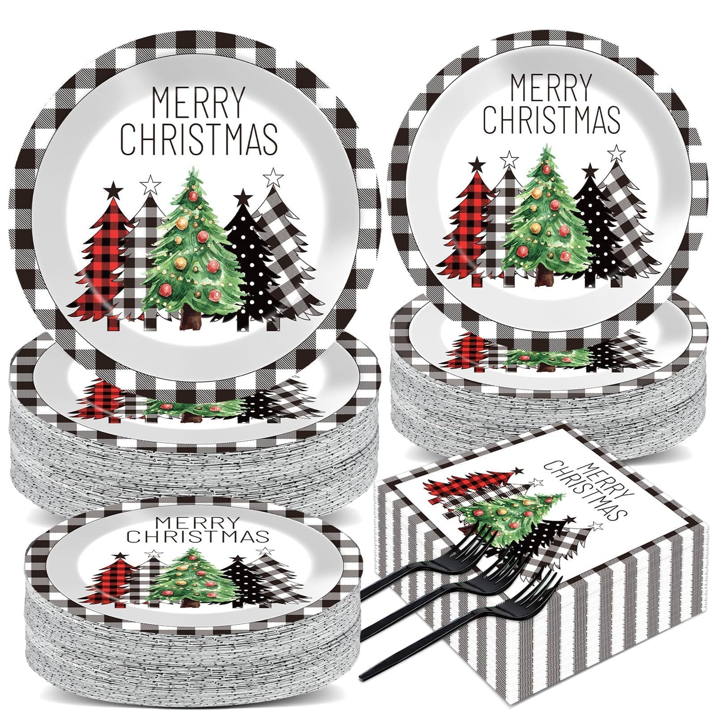 200Pcs Buffalo Plaid Christmas Tree Party Plates Napkins Christmas Black White Buffalo Plaid Theme Tableware Set for Xmas Holiday Decoration Dessert Plates Serve 50 Guests for Birthday Party Supplies