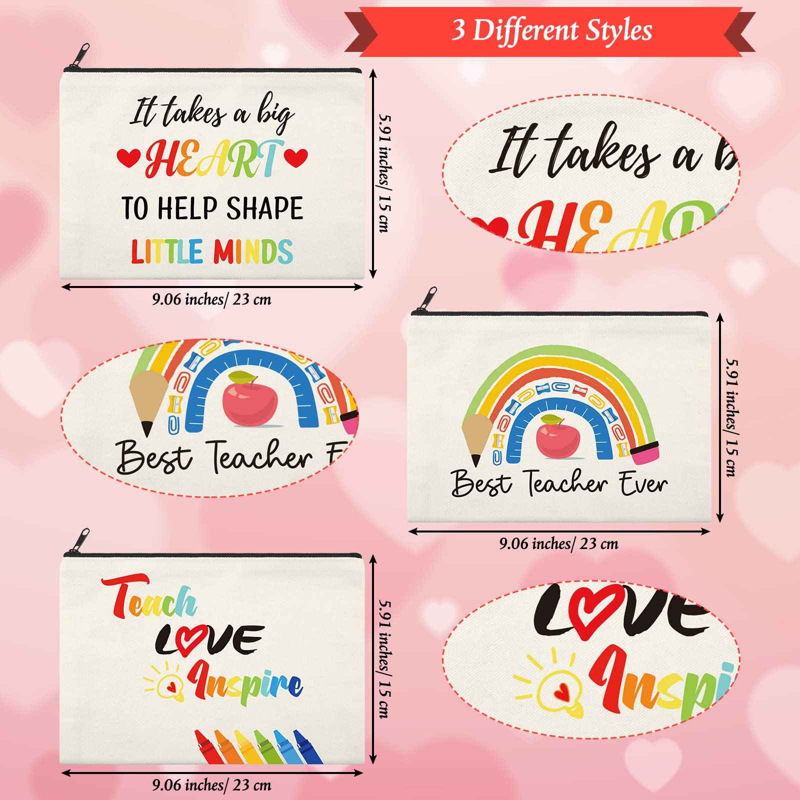 15 Pieces Teacher Appreciation Gifts Teacher Makeup Pouch Cosmetic Bag Teacher Thank You Gifts for Women Travel Toiletry Case Pencil Bag with Zipper for Teacher, 3 Styles (Rainbow)