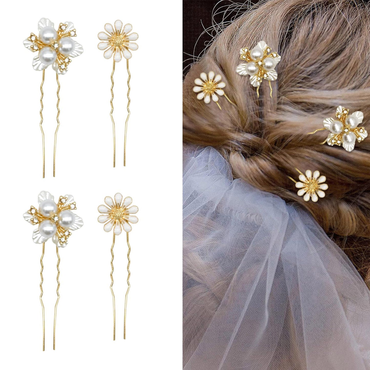 4 Pieces Wedding Flower Hair Comb Bridal Hair Pins, Brides Hair Accessories, U-shaped Rhinestone Hair Accessories for Women Girls(daisy white)