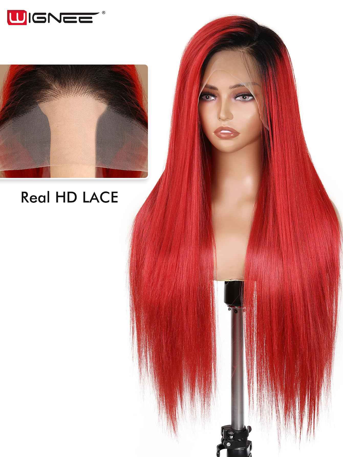 WIGNEE 13x6 Synthetic Lace Front Wig 28" Long Straight Wig Red Kanekalon Futura Synthetic Wigs for Black Women Pre-Plucked Glueless Wig for Daily Party Use