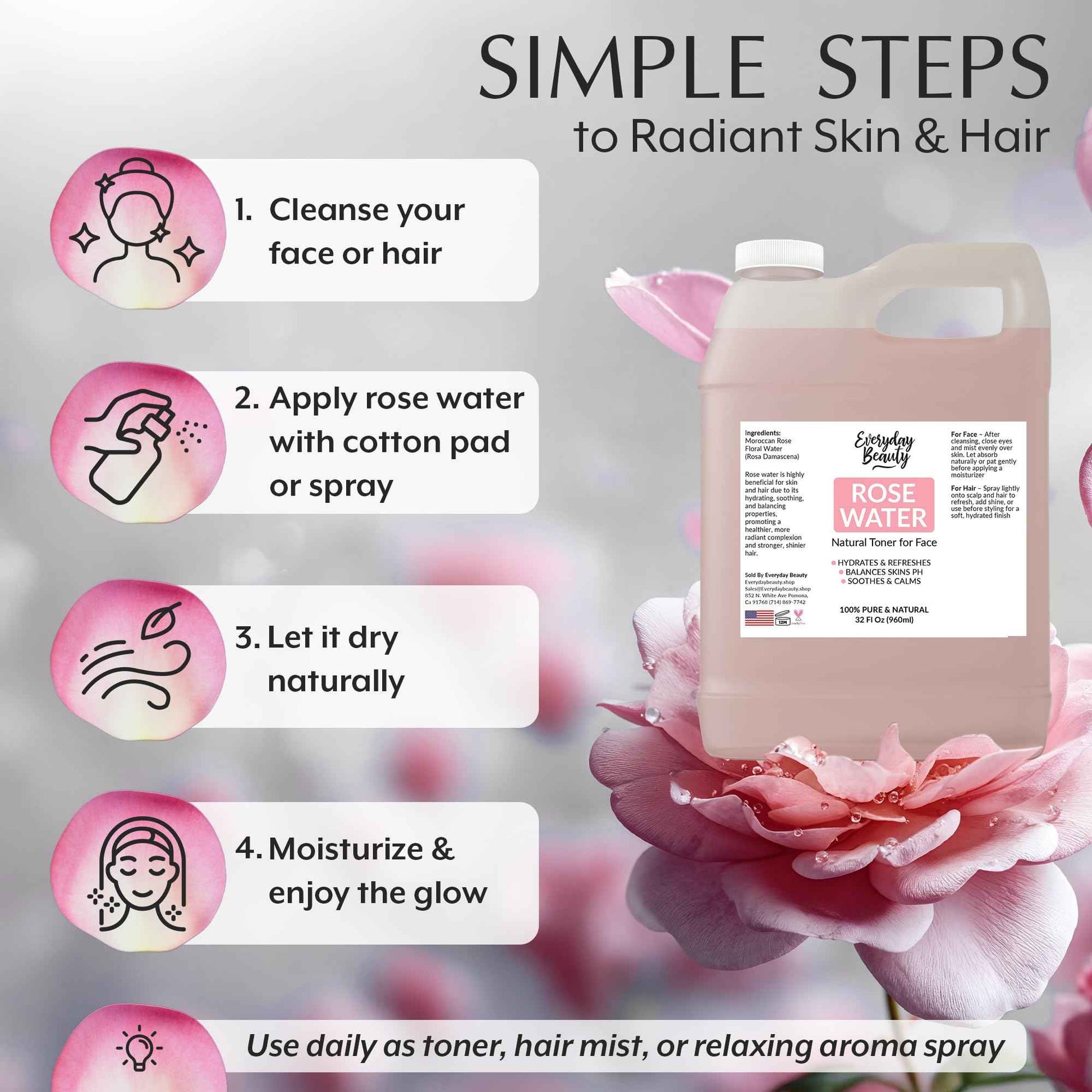 Rose Water Facial Toner - 32oz Bulk Alcohol-Free Vegan All Natural Refreshing for Face and Hair - Uplifts, Calming & Soothing for All Skin Types
