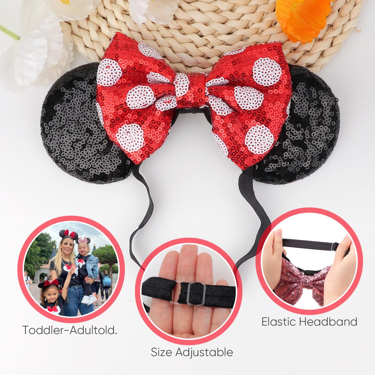 AQOKKA 2 Pcs Elastic Mouse Ears Headbands with Bow for Birthday Party, Hair Hoop Party Decoration Cosplay Costume Hair Accessories for Women & Girl