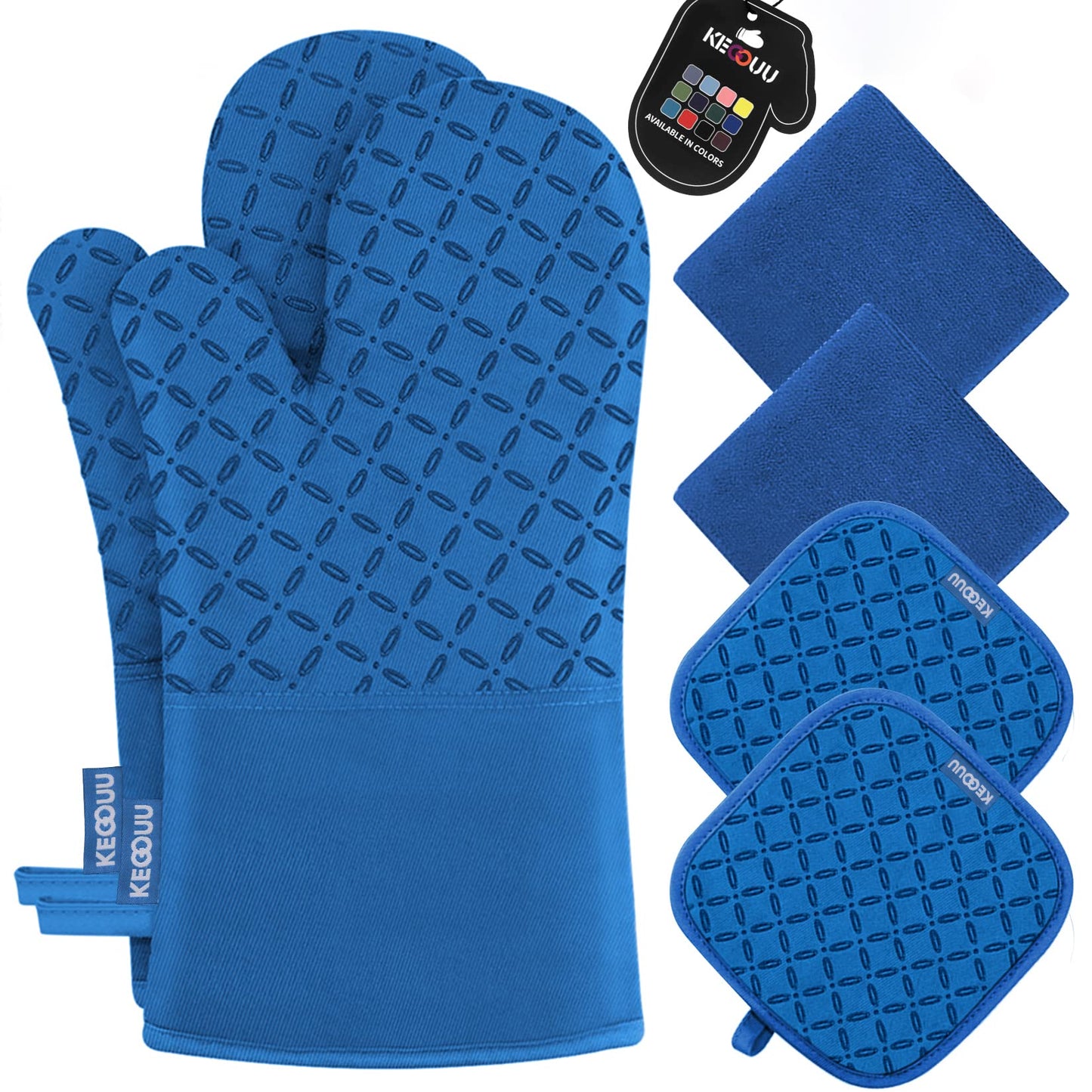 KEGOUU Oven Mitts and Pot Holders 6pcs Set, Kitchen Oven Glove High Heat Resistant 500 Degree Extra Long Oven Mitts and Potholder with Non-Slip Silicone Surface for Cooking (Royal Blue)