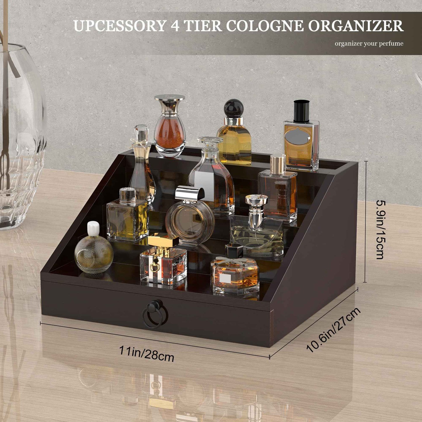 upcessory Wooden Cologne Organizer for Men Enhanced 4 Tier Cologne Stand Shelf Perfume Organizer with Velvet Lined Drawer & Hidden Storage Perfume Display Holder for Dresser Nice Gift (Stylish Brown)