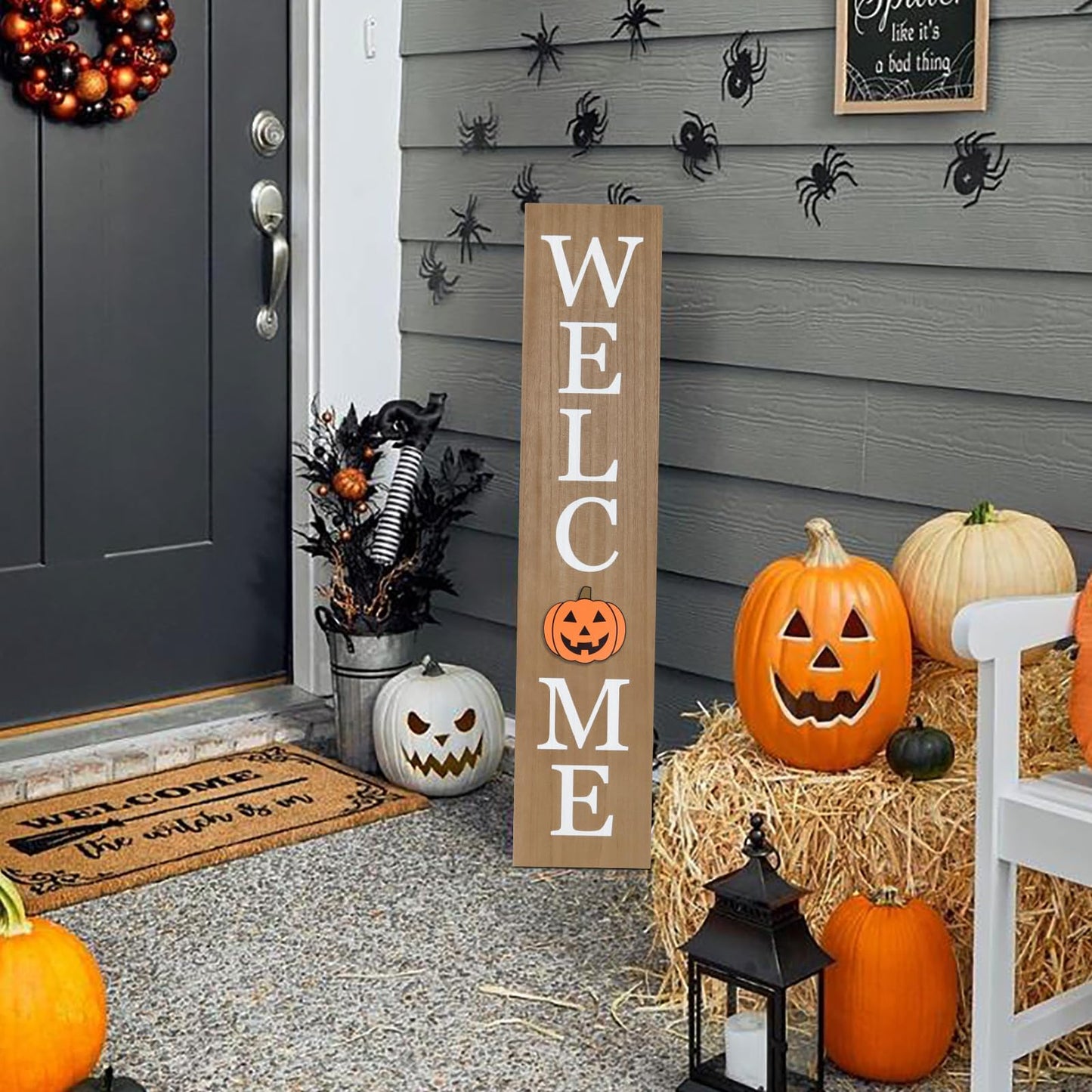 Interchangeable Welcome Sign for Front Porch- 45"X9" Large Standing/Hanging Wooden Sign with 12 PCS Replaceable Icons for Farmhouse Harvest Fall Halloween Thanksgiving Christmas Porch Wall Yard Decorations