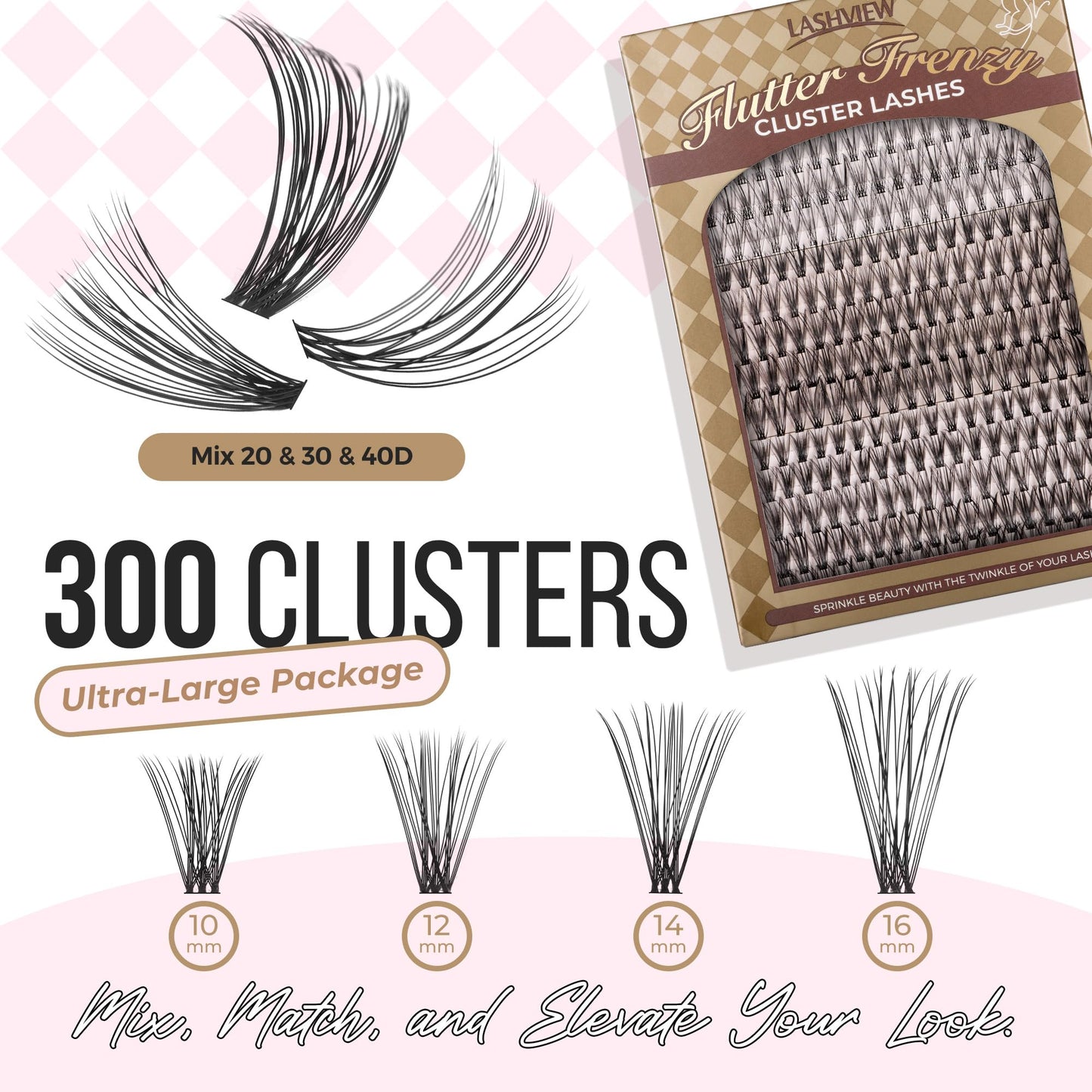 LASHVIEW Lash-Extension-Clusters 300pcs D Curl Lash Clusters Natural Look Cluster Lashes Extensions Super Thin Band & Soft Lashes Reusable 9-16mm MIX (20D&30D&40D)