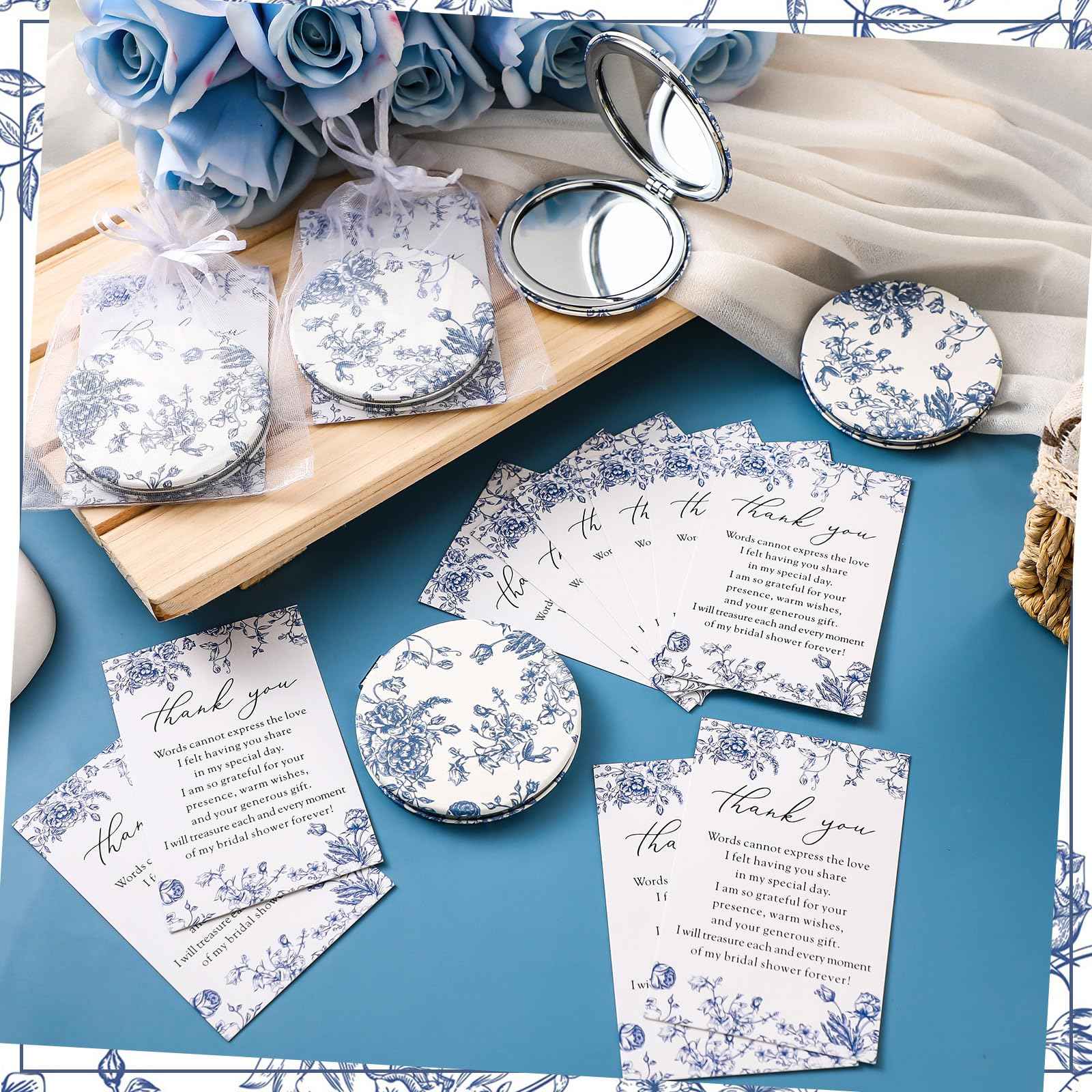 Yalikop 24 Sets Blue Floral Bridal Shower Favors for Guest Flower Folding Leather Compact Makeup Mirror Bulk Thank You Cards with Organza Bags for Bridesmaid Souvenir Gift Wedding Party