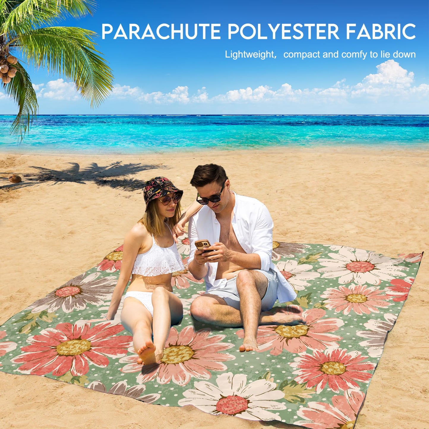 BYDOLL Beach Blanket Flower 78''×81''1-5 Adults Waterproof Sandproof Oversized Lightweight Beach Blanket Large Picnic Mat Beach Blanket for Travel Camping Hiking Picnic