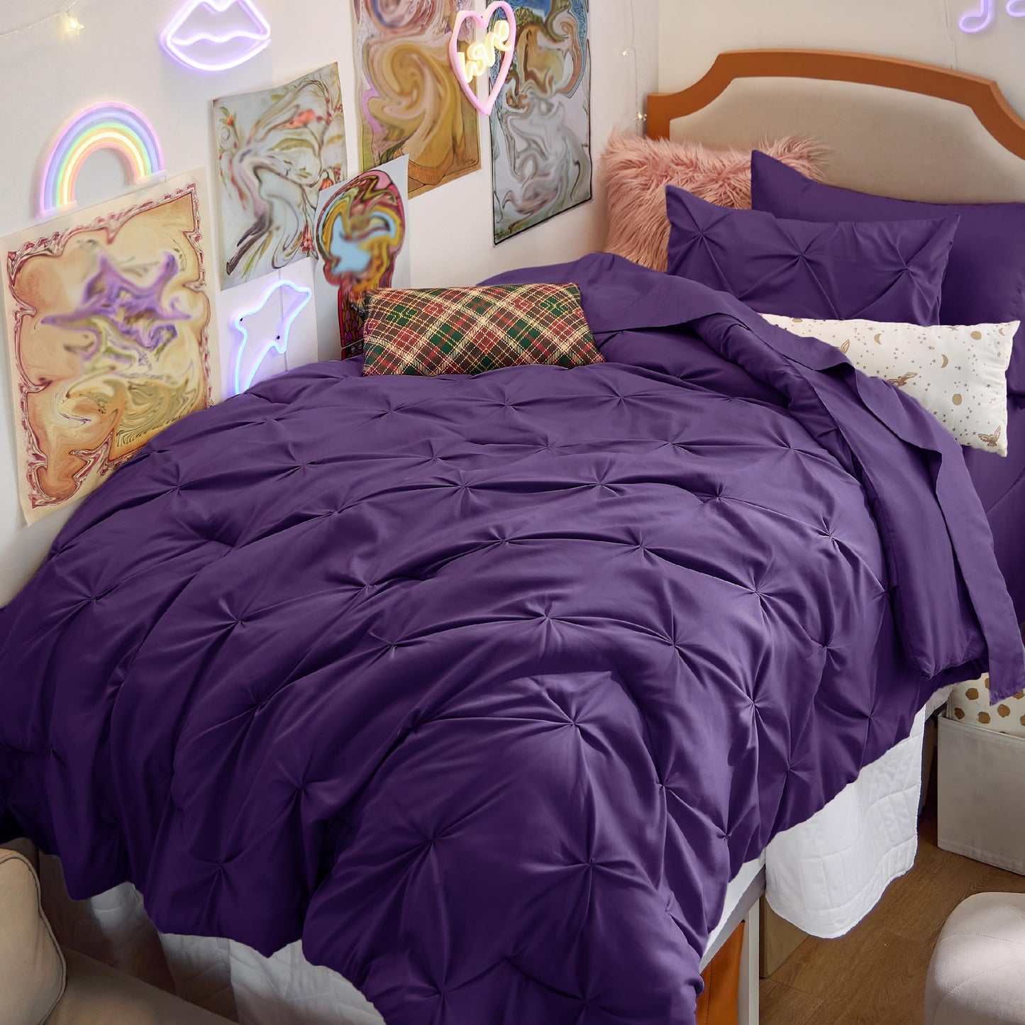 Bedsure Twin Size Comforter Set 5 Pieces - Pintuck Twin Bedding Set, Pinch Pleat Purple Twin Size Bed in a Bag with Comforter, Sheets, Pillowcase & Sham