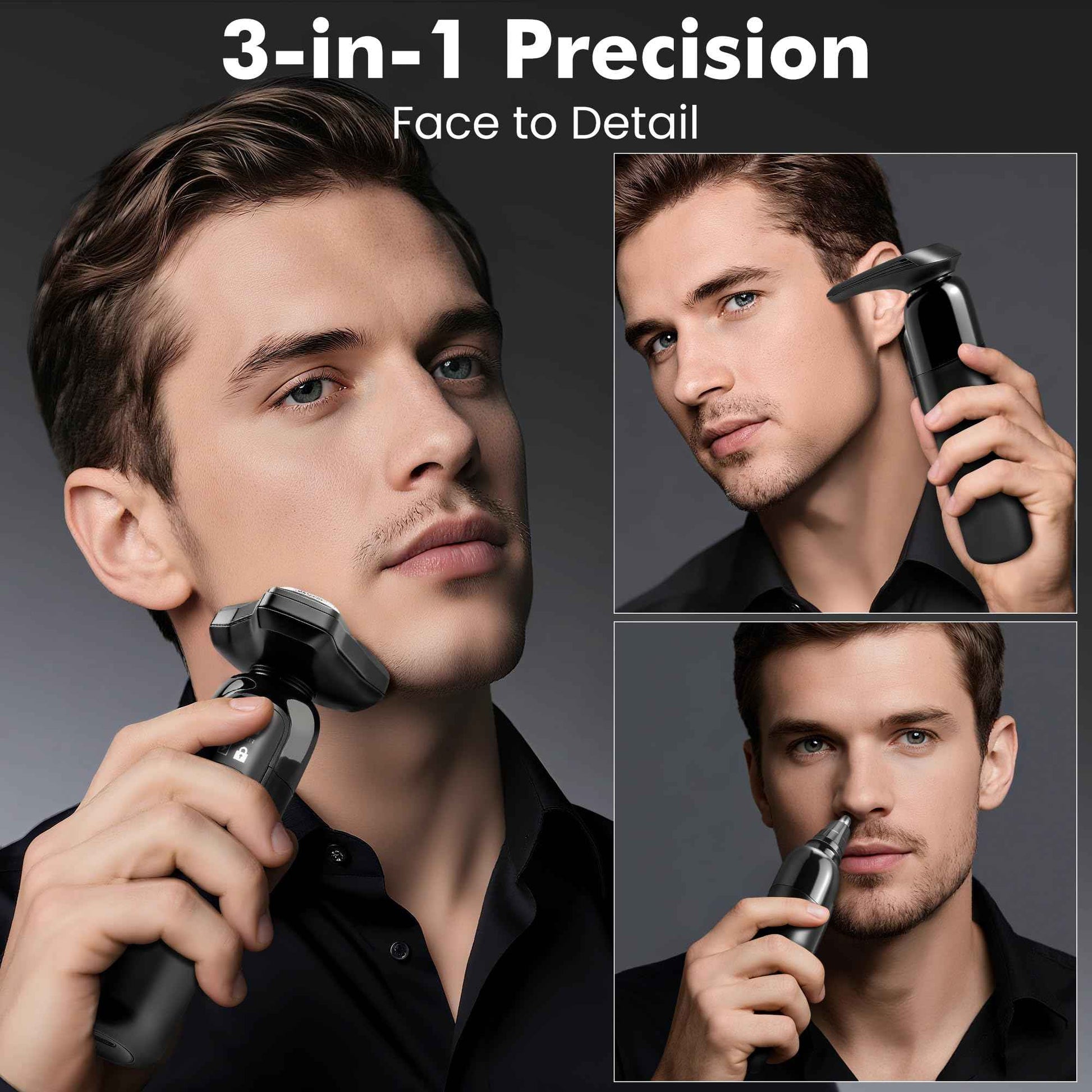 Electric Razor for Men Flynth 3-in-1 Cordless Shaver 3-Blade Rotary Shavers Wet/Dry for Beard Nose & Face, IPX7 Waterproof Fast Charge Travel Trimmer Grooming Set