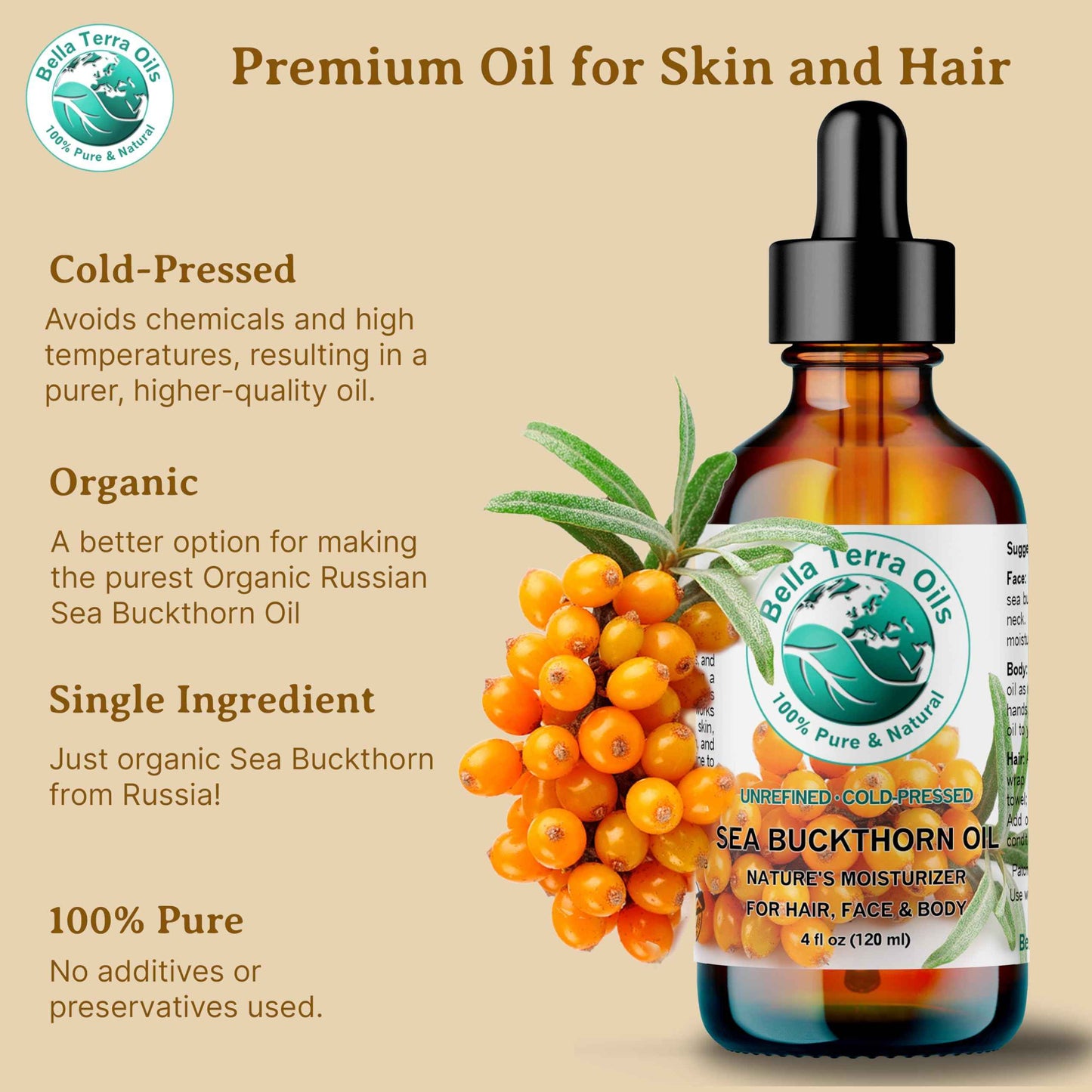 Bella Terra Oils - Sea Buckthorn Oil 8 oz - The Ultimate Elixir from Nature's Bounty, Rich in Flavonoids & Essential Fatty Acids, Gilded Luxe for Your Face