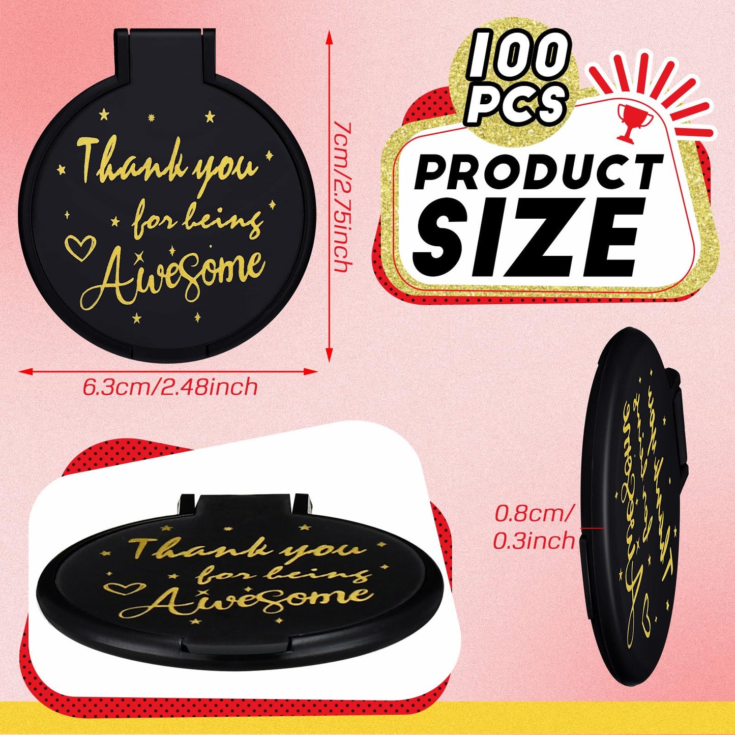 Huwena 100 Pcs Thank You Compact Mirror Bulk Gifts for Women Small Inspirational Pocket Purse Mirror Mini Round Portable Folding Makeup Employee Appreciation Gift for Christmas Coworkers Travel