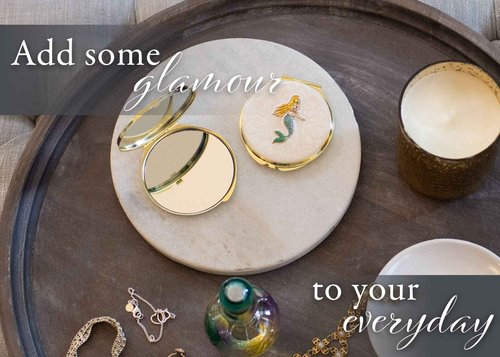 Cottage Garden Hand Painted Golden Metal Enamel Ornamental Vintage Hinged Lid Personal 3 Inch Makeup Beauty Double Sided Compact Travel Mirror with Bejeweled Crystals, Mermaid