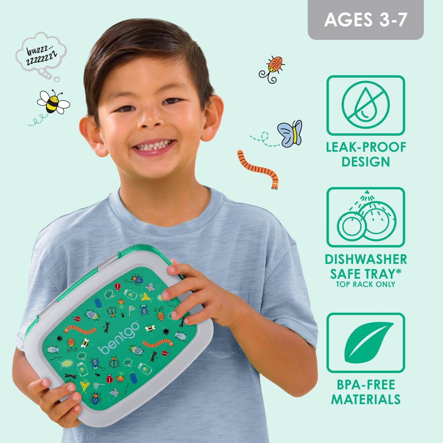 Bentgo Kids Prints Leak-Proof, 5-Compartment Bento-Style Kids Lunch Box - Ideal Portion Sizes for Ages 3-7, Durable, Drop-Proof, Dishwasher Safe, & Made with BPA-Free Materials (Bug Buddies)