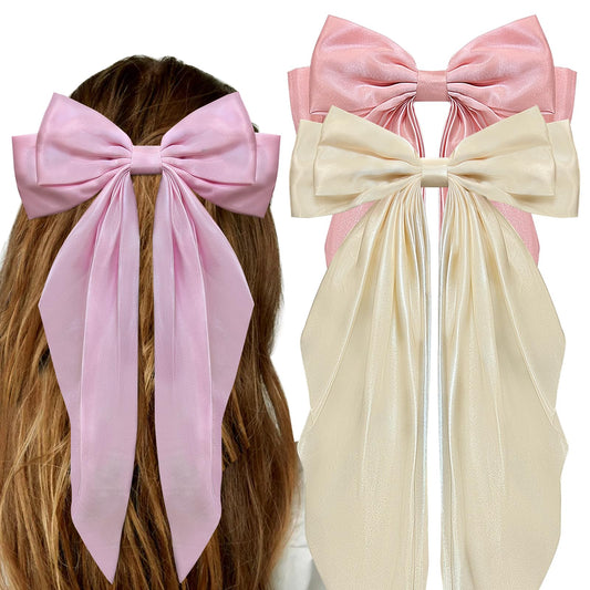 Trnerm Hair Bows for Women 3PCS Hair Ribbons Hair Bows Clips Satin Silky with Long Tail Large Pink Hair Bows Clips -Champagne Beige, Champagne Pink, Pink