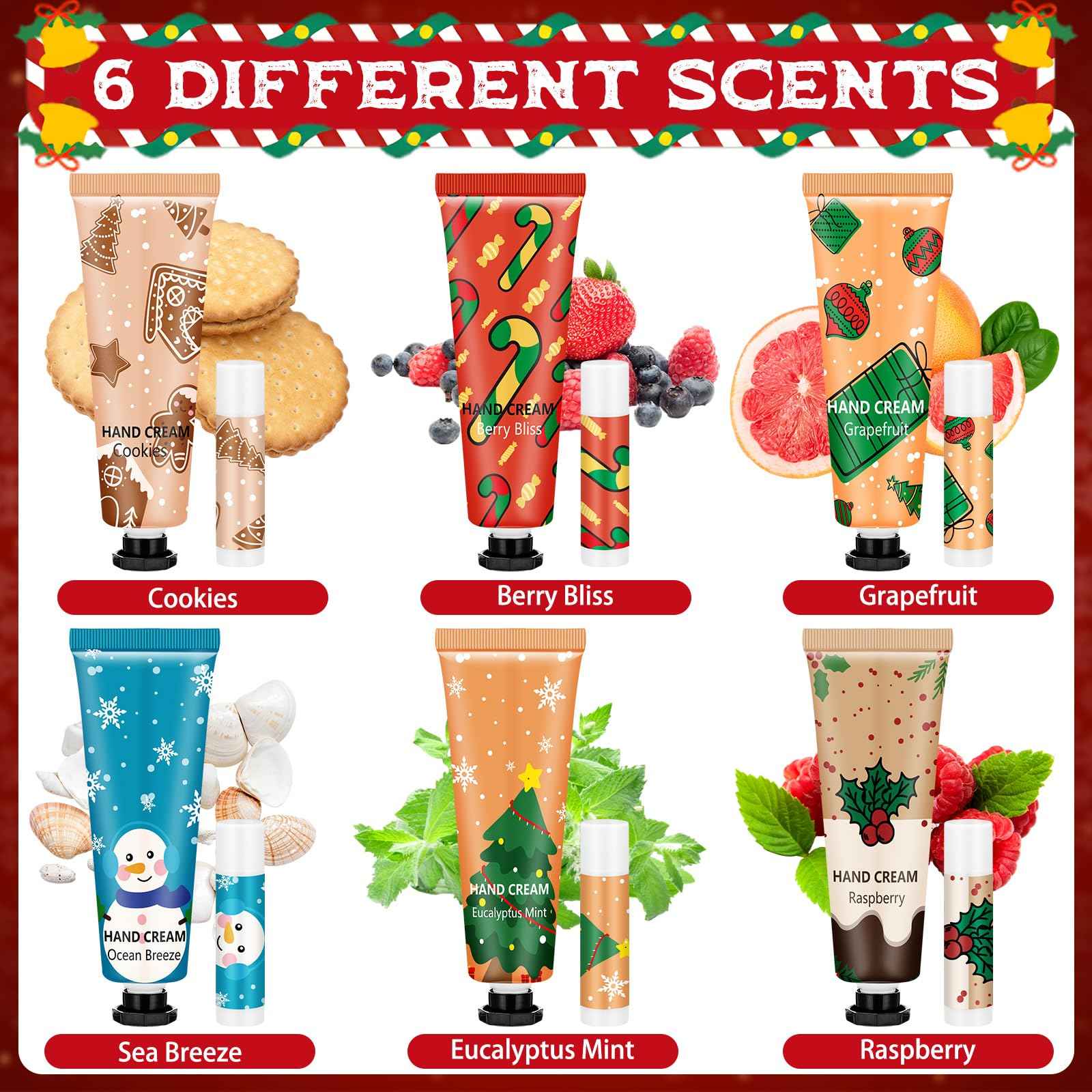 Loopeer 12 Sets/48 Pcs Christmas Hand Cream and Lip Balm Gift Set for Women Bulk Mini Hand Lotion Travel Size for Dry Skin Stocking Stuffers with Greeting Card Organza Bags for Coworker Employee