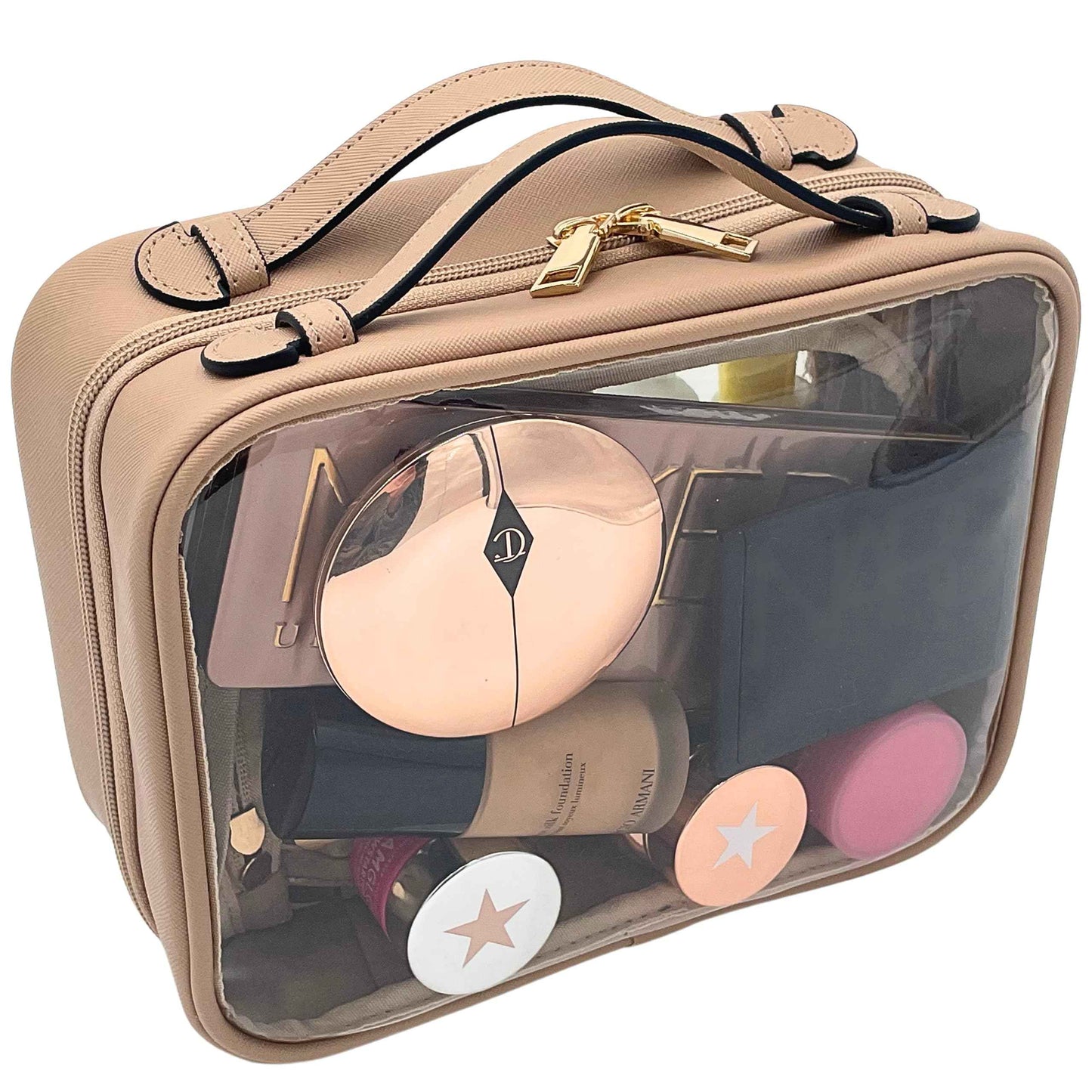 JAZD Clear Makeup Bag Toiletry Bag for Women Cosmetic Case Large Capacity Travel Make Up Bag Organizer Transparent Storage Compartment TSA Approved (BEIGE)