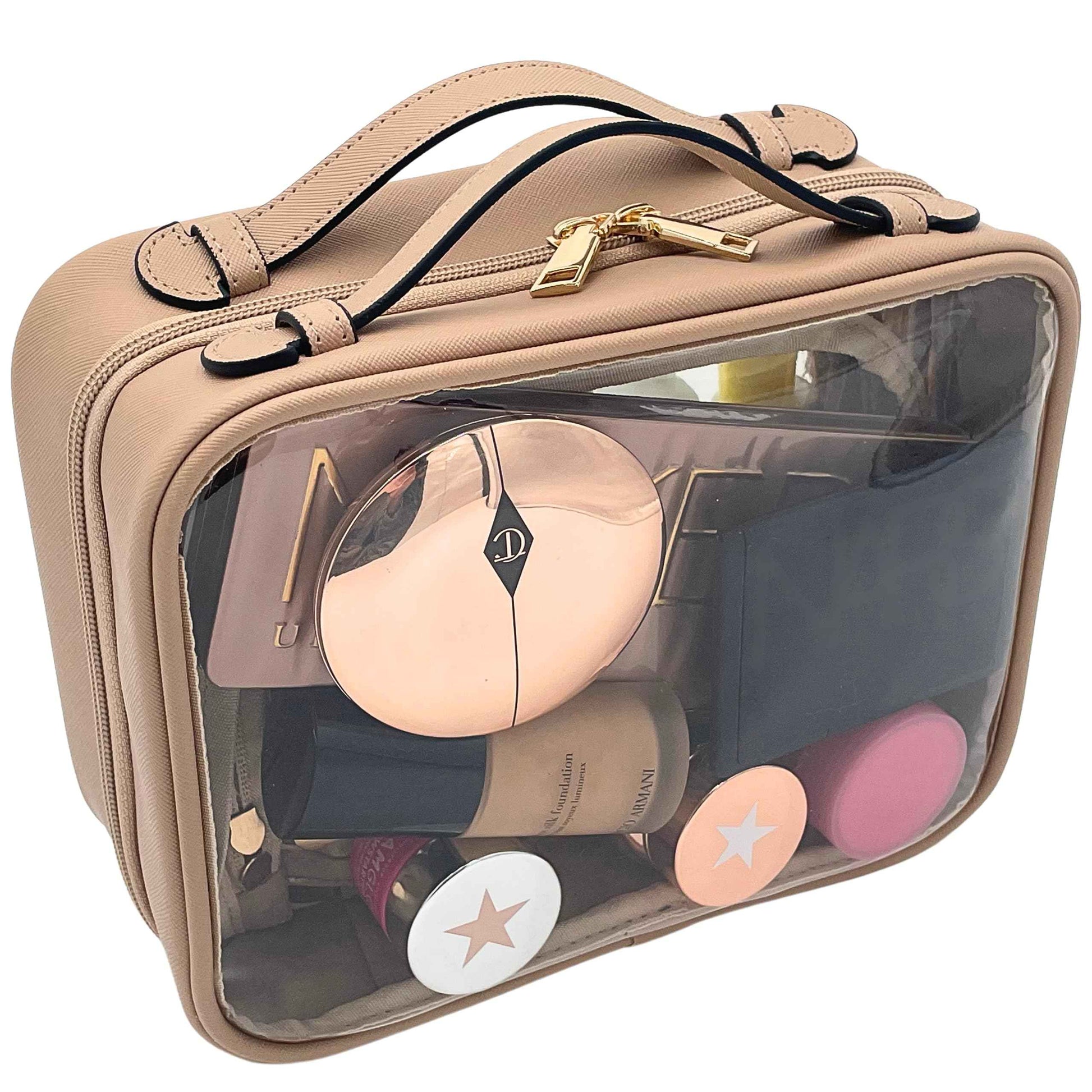 JAZD Clear Makeup Bag Toiletry Bag for Women Cosmetic Case Large Capacity Travel Make Up Bag Organizer Transparent Storage Compartment TSA Approved (BEIGE)