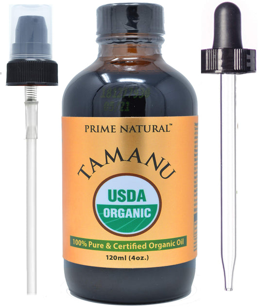 PRIME NATURAL Organic Tamanu Oil - USDA Certified, 100% Pure, Cold Pressed, Unrefined, Virgin (4oz / 120ml) For Face, Hair & Skin Care - Natural Moisturizer